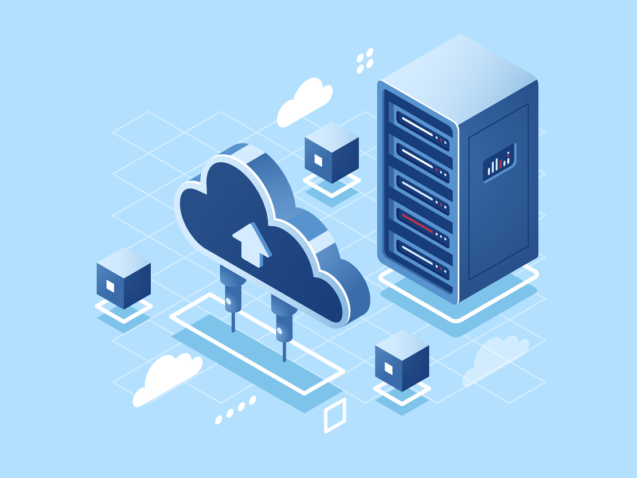Technology of cloud data storage, server room rack, database and data center isometric icon, abstract concept, download and upload file in internet repository, flat vector blue